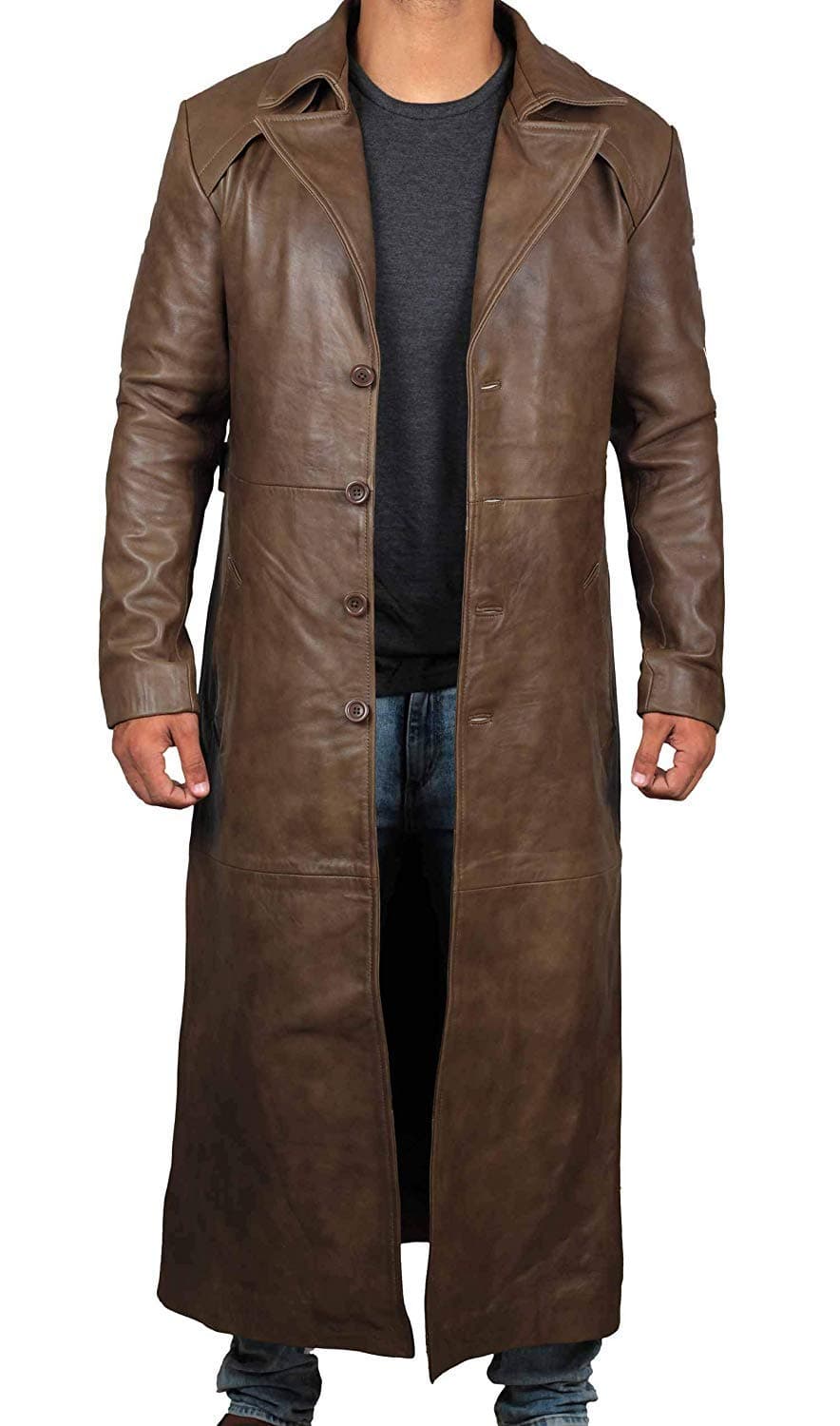 Blingsoul Brown Winter Real Leather Overcoat | [1500275] Jackson Brown Long Coat Jacket, XL