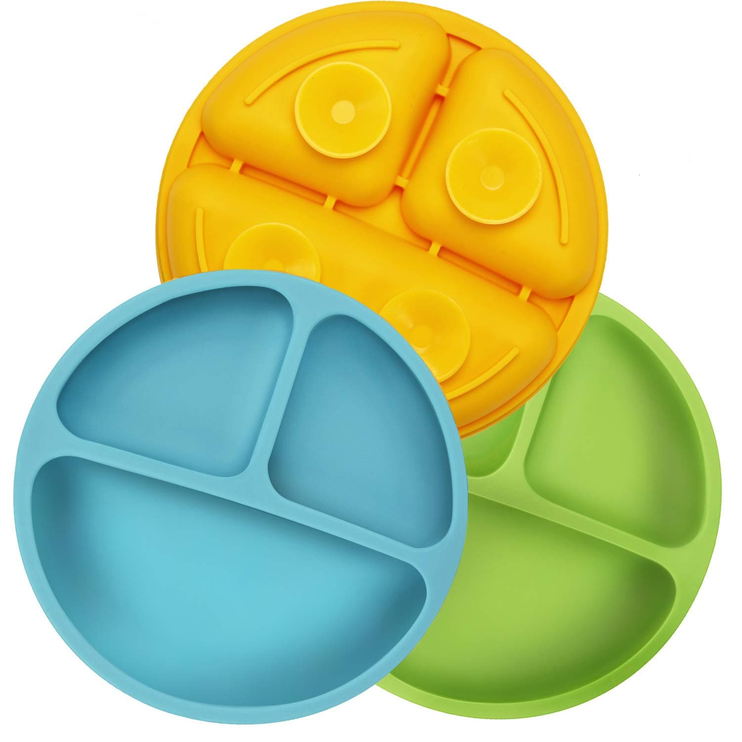 PandaEar Divided Unbreakable Silicone Baby and Toddler Plates - 3 Pack - Non-Slip - Microwave Safe - Silicone (Blue Green Yellow)
