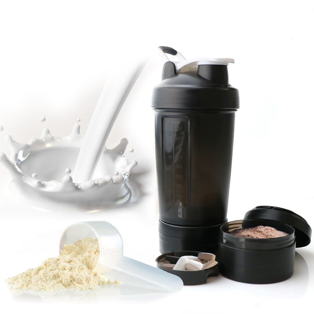 Sport Protein Powder Shaker Bottle, 3-in-1 Free Combination Milkshake Bottle,Two Storage Boxes, Loop Top Design, 20OZ/600ml, Full Black