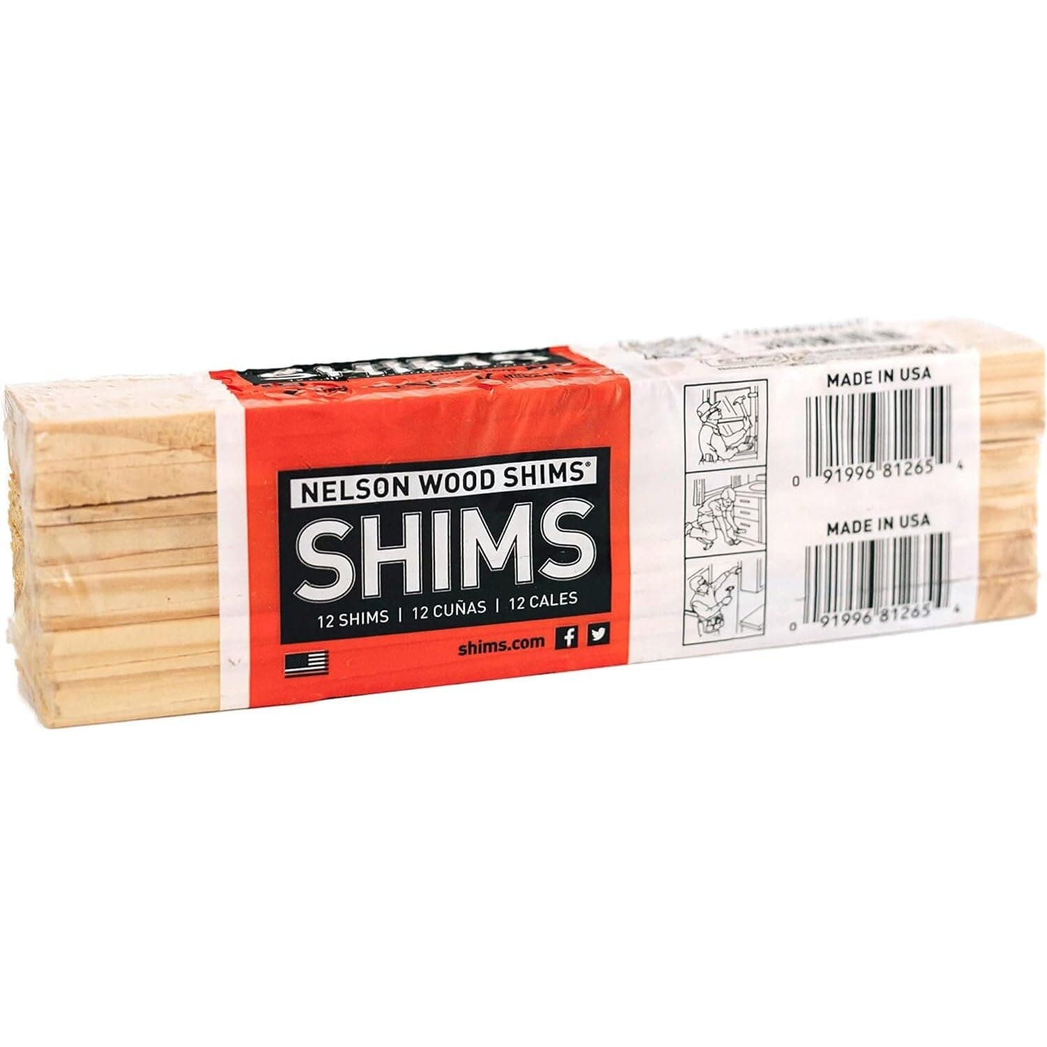 Nelson Wood Shims - DIY Bundle Wood Shims 8-Inch Shims, High Performance Natural Wood, 100% Kiln Dried - 1 Pack (12 Shims Total)