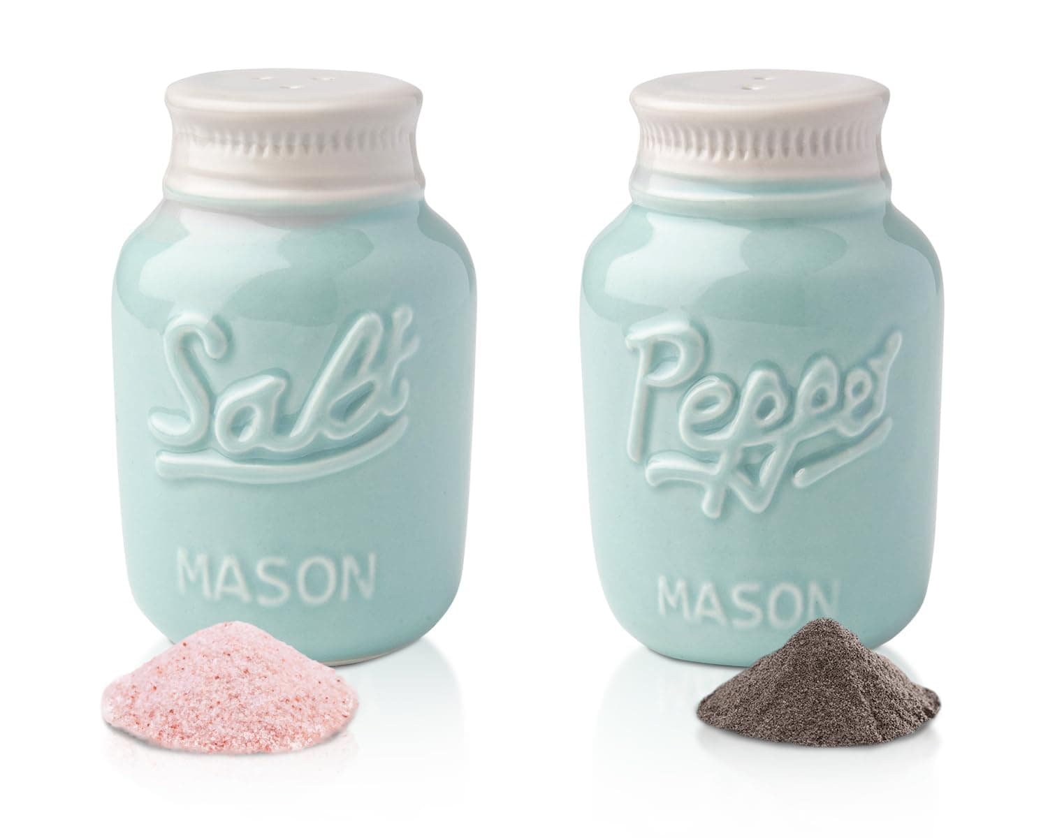 Comfify Vintage Mason Jar Salt & Pepper Shakers by - Adorable Decorative Mason Jar Décor for Vintage, Rustic, Shabby Chic - Sturdy Ceramic in Aqua Blue - 3.5 oz. Cap.