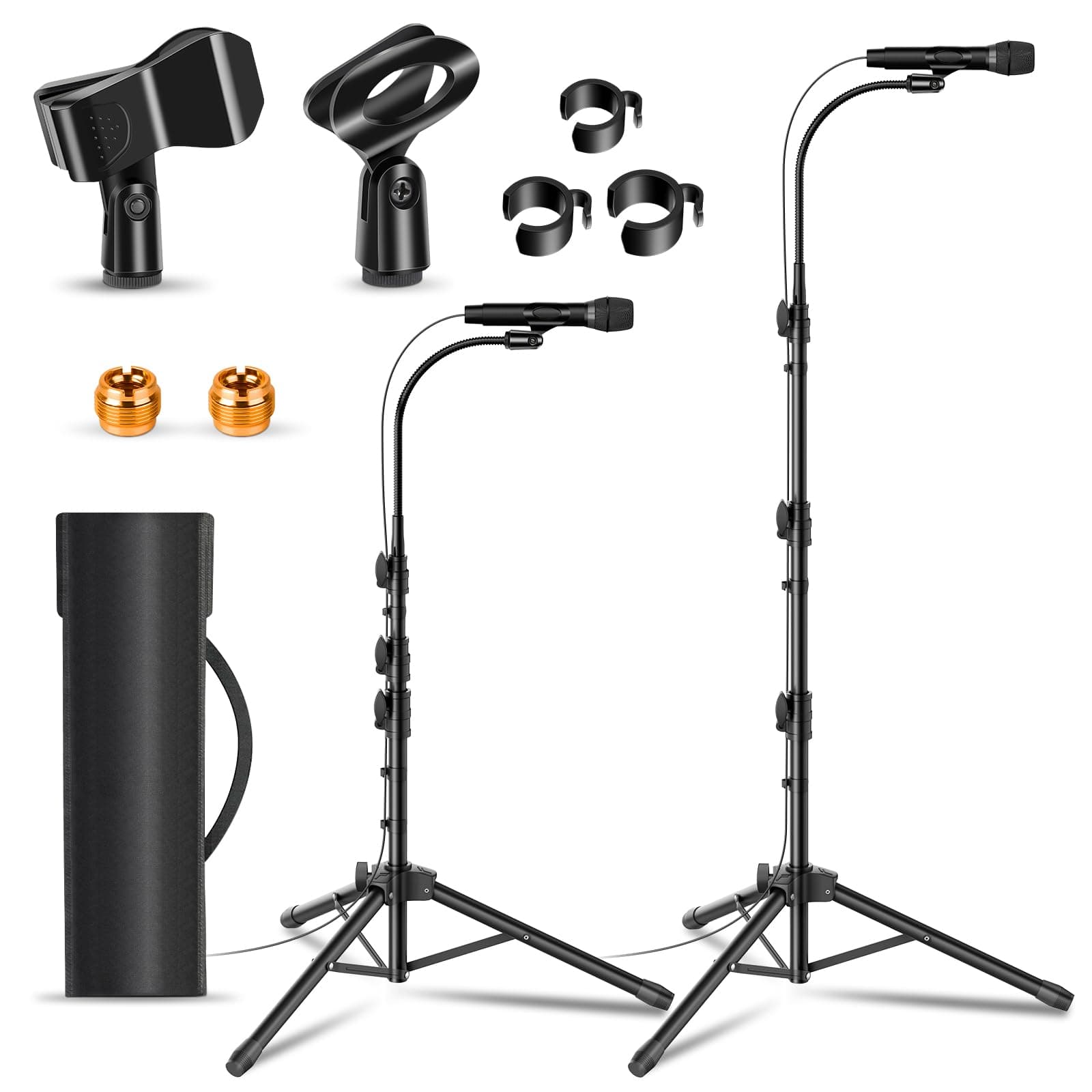 - 2 Pack Mic Stand Gooseneck Microphone Boom Stand for Singing Height Adjustable from 24” to 67” with 2 Mic Clips for Adults and Kids Singing Lecture Stage