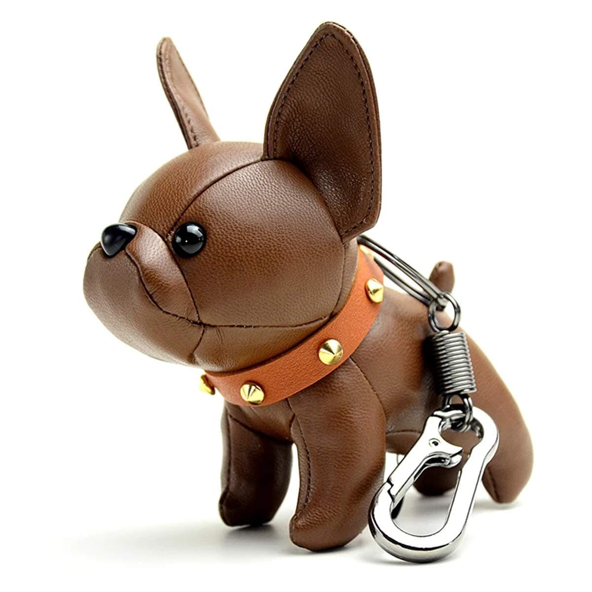 Poppow Handmade French Bulldog Keychain PU Leather Car Circle Key Rings Pendant Gift Purse Handbag Backpack Accessories (Brown)