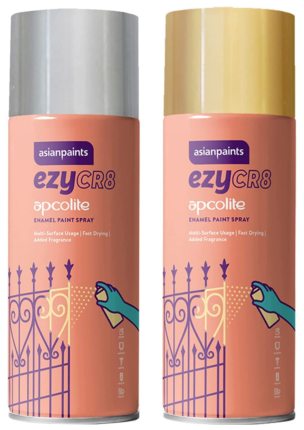Asian Paints ezyCR8 Multi-Surface DIY Apcolite Enamel Paint Spray for Metal, Wood, Wall (Gold, 200ml Can) and DIY Apcolite Enamel Spray Paint for Metal, Wood, Wall (Silver, 200ml Can)