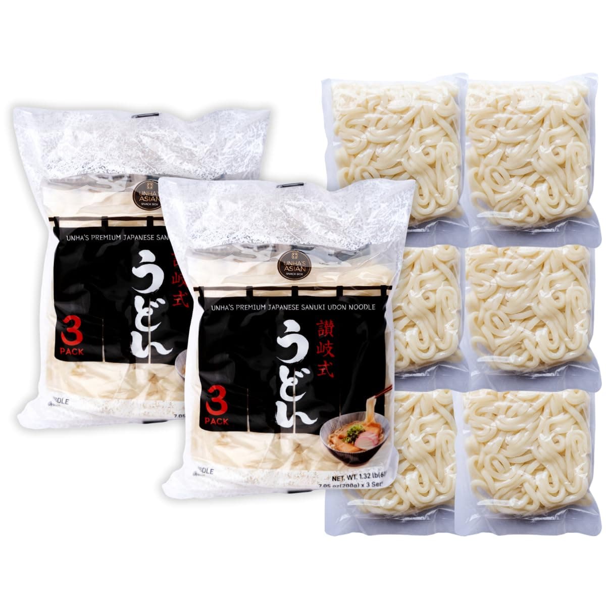 Unha’s Japanese Sanuki Fresh Udon Noodles, Jumbo Chewy Noodles, No Soup Included, Quick and Easy, 22 oz (200g × 3 Packs) Pack of 2