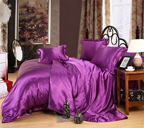Opulence Bedding Luxurious Ultra Soft Silky Satin 4-Piece Bed Fitted with Duvet Set Queen, Purple