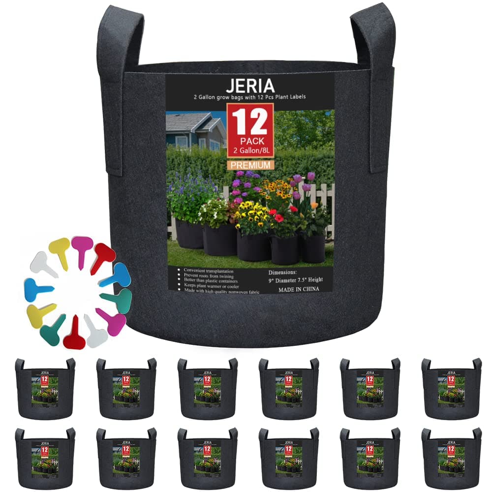 JERIA 12-Pack 2 Gallon Grow Bags, 300G Thickened Nonwoven Garden Pots,Heavy Duty Fabric Pots with Reinforced Handles