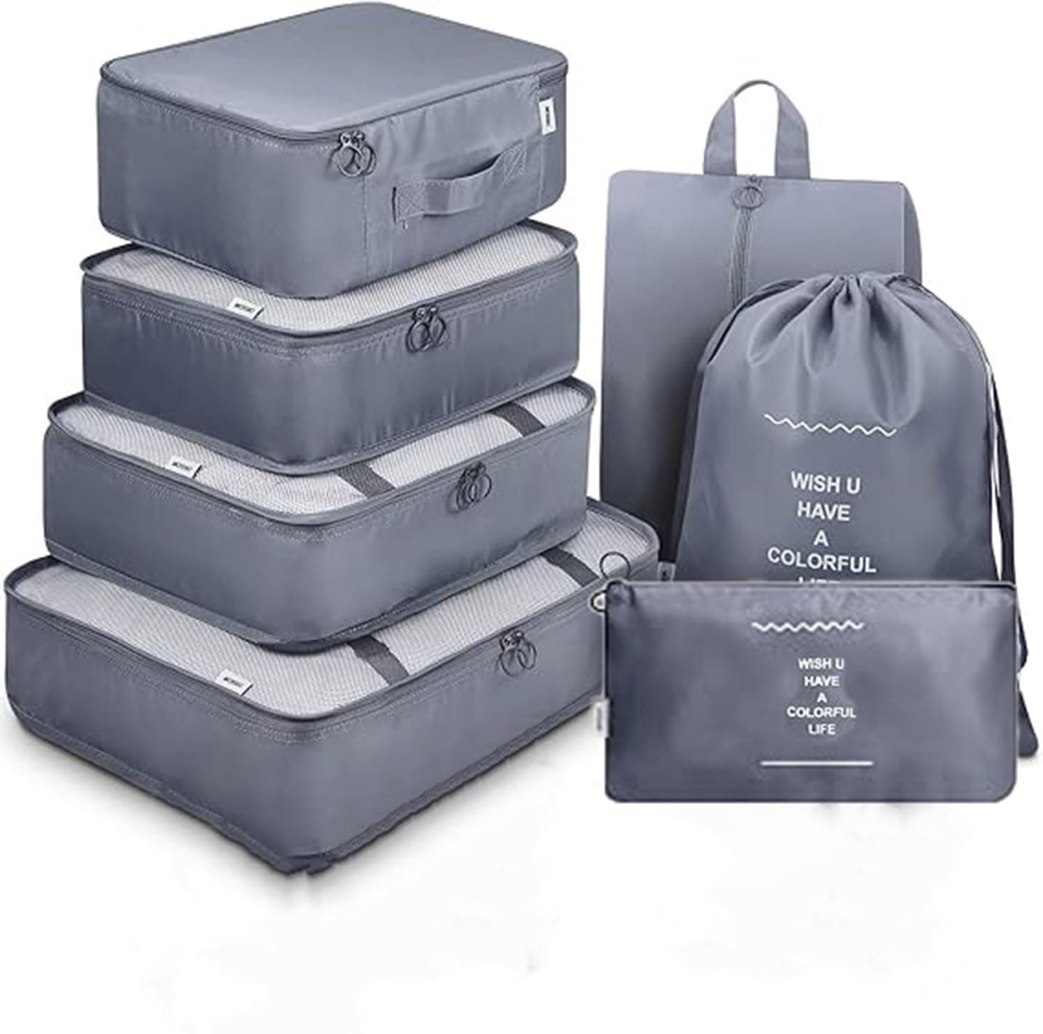 7pcs Set Travel Organizer Packing Cubes Lightweight Travel Luggage Organizers with Laundry Bag or Toiletry Bag Laundry Organiser (Grey, 7 PCS)
