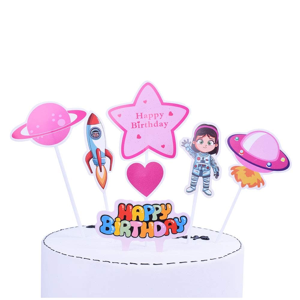 WYYDS SHAMI Space Astronaut Cupcake Toppers Rocket Cake Decorations Earth Cake Toppers for Space Theme Party Kids Planets Birthday Party Baby Shower Happy Birthday Cake Topper Cartoon-Pink