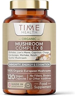 Time Health Mushroom Complex 8 | Organic | EU Grown | 616mg Capsules | Lions Mane, Cordyceps, Chaga, Shiitake, Reishi, Maitake, Coprinus & Oyster Betox93® | 40% Polysaccharides | UK Made