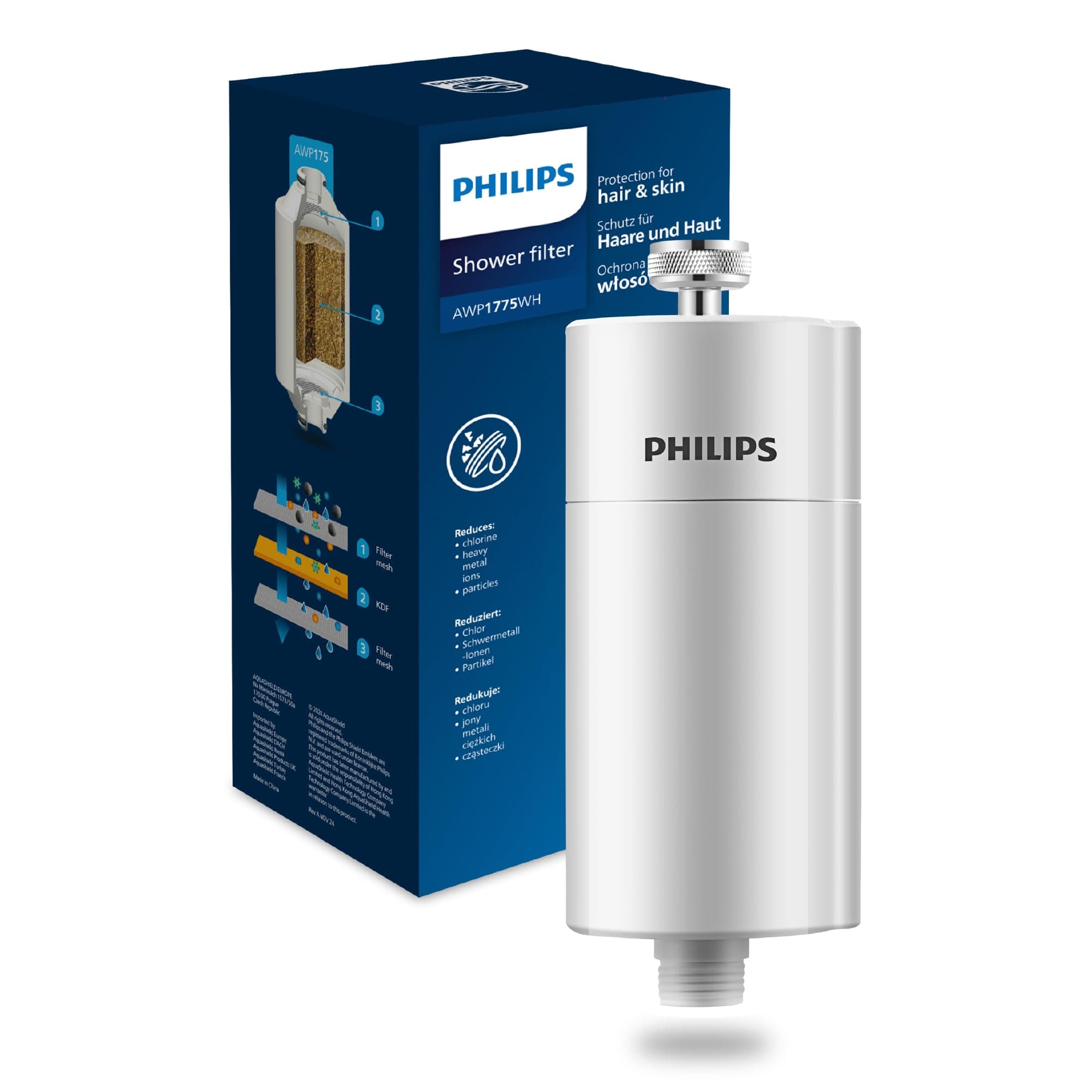 Philips AWP1775 - In-Line Shower Filter - Reduces Chlorine by up to 99 Percent I Easy to Instal I Fits all UK and Eire Shower hoses and taps I White