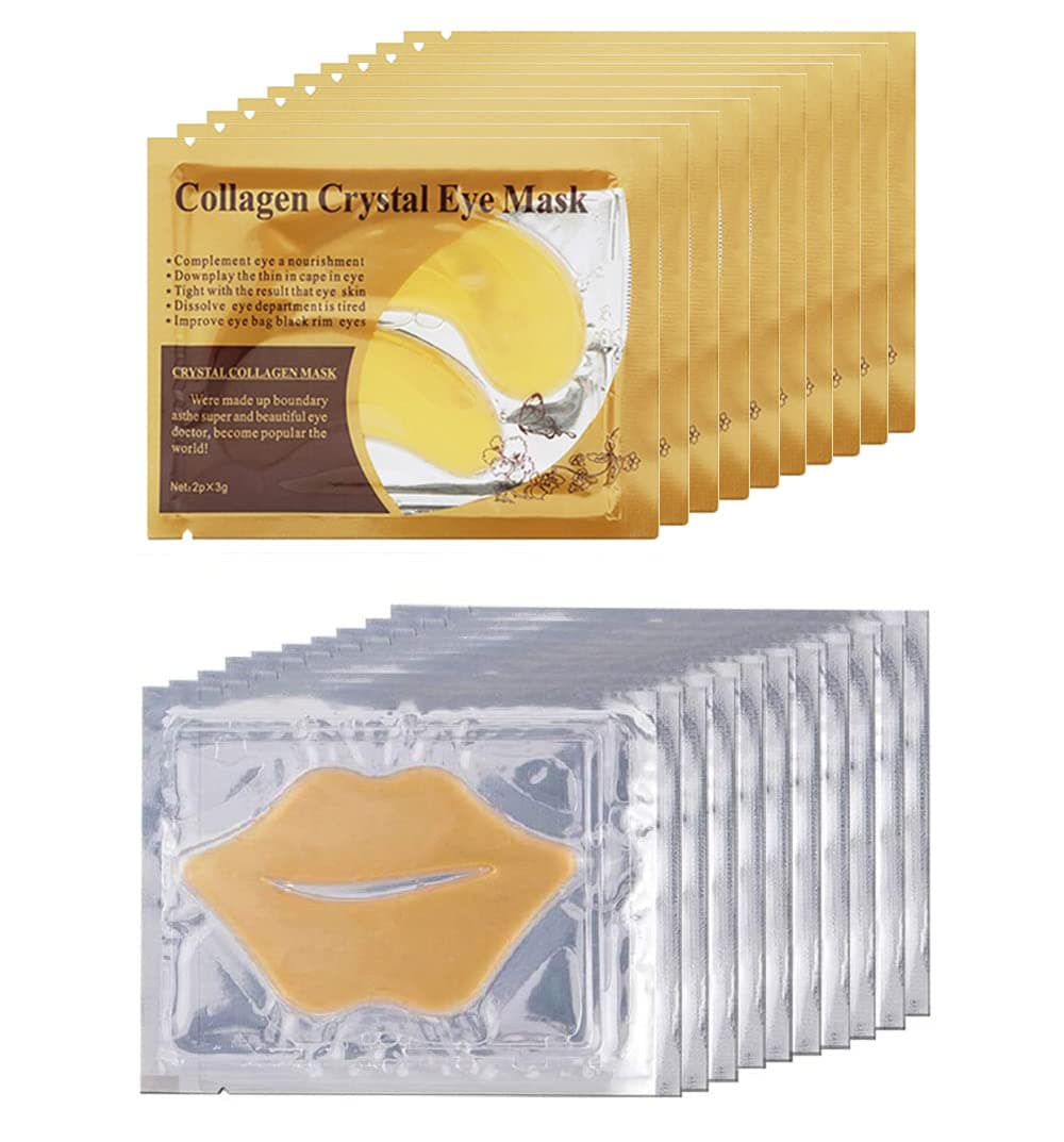 10 Pairs Collagen Eye Mask and 10 Pcs Collagen Lip Mask, Anti Aging Eye and Lip Mask, Collagen Crystal Mask Set (Gold)