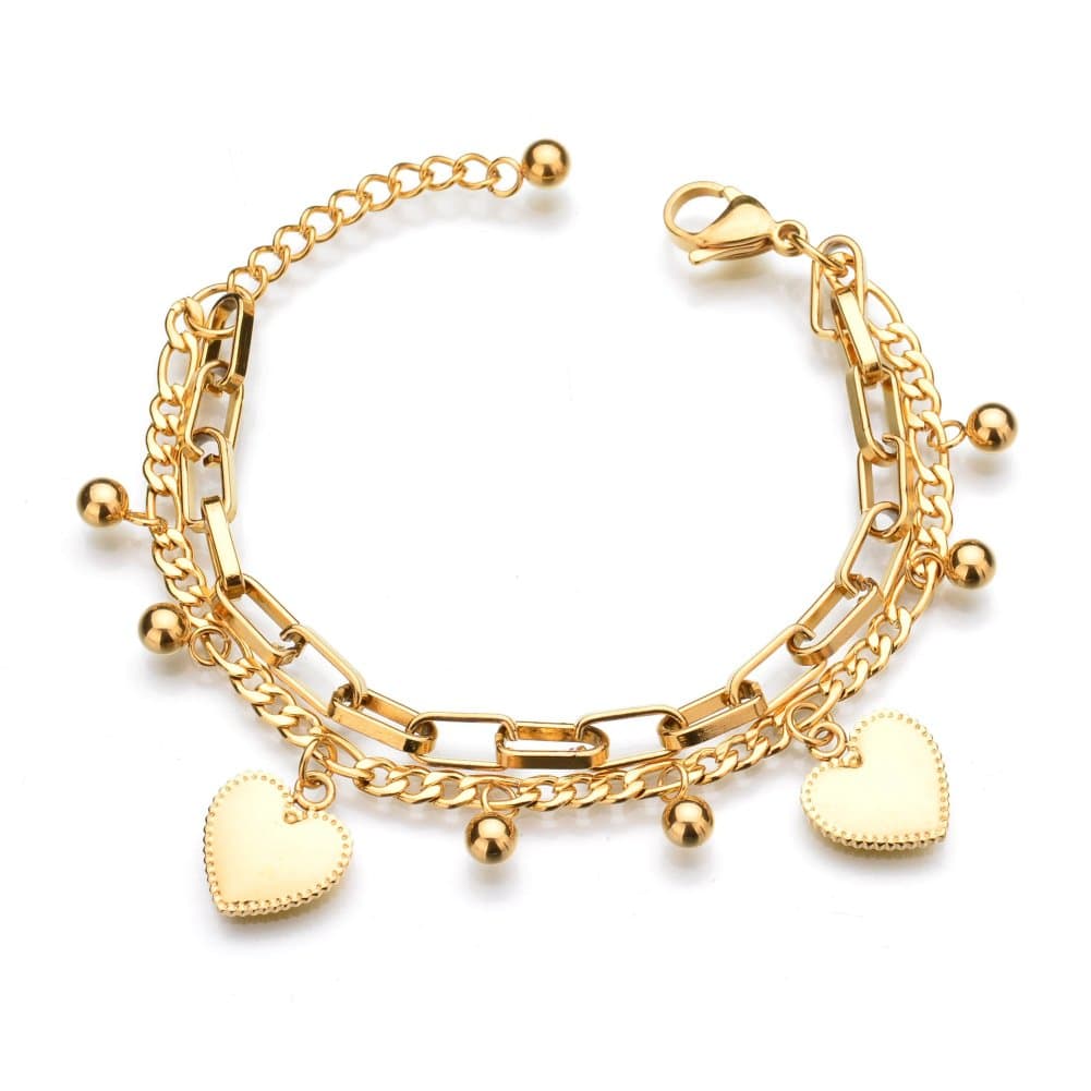 18K Gold Stainless Steel Multi Chains Bracelet with Ball and Heart Charms for Women