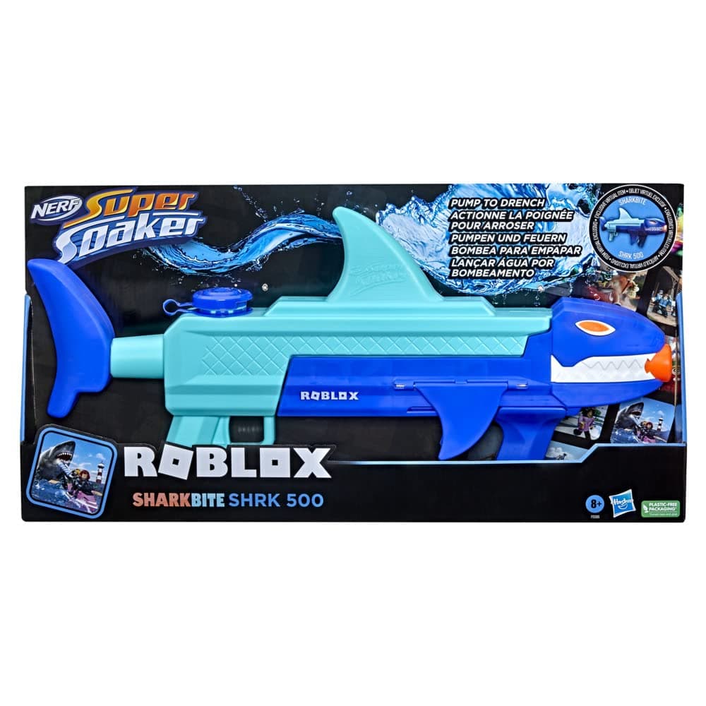 Nerf Super Soaker Roblox Sharkbite Water Blaster SHRK 500 Includes Code for Exclusive Virtual Item, Multi-Coloured Pump Mechanism