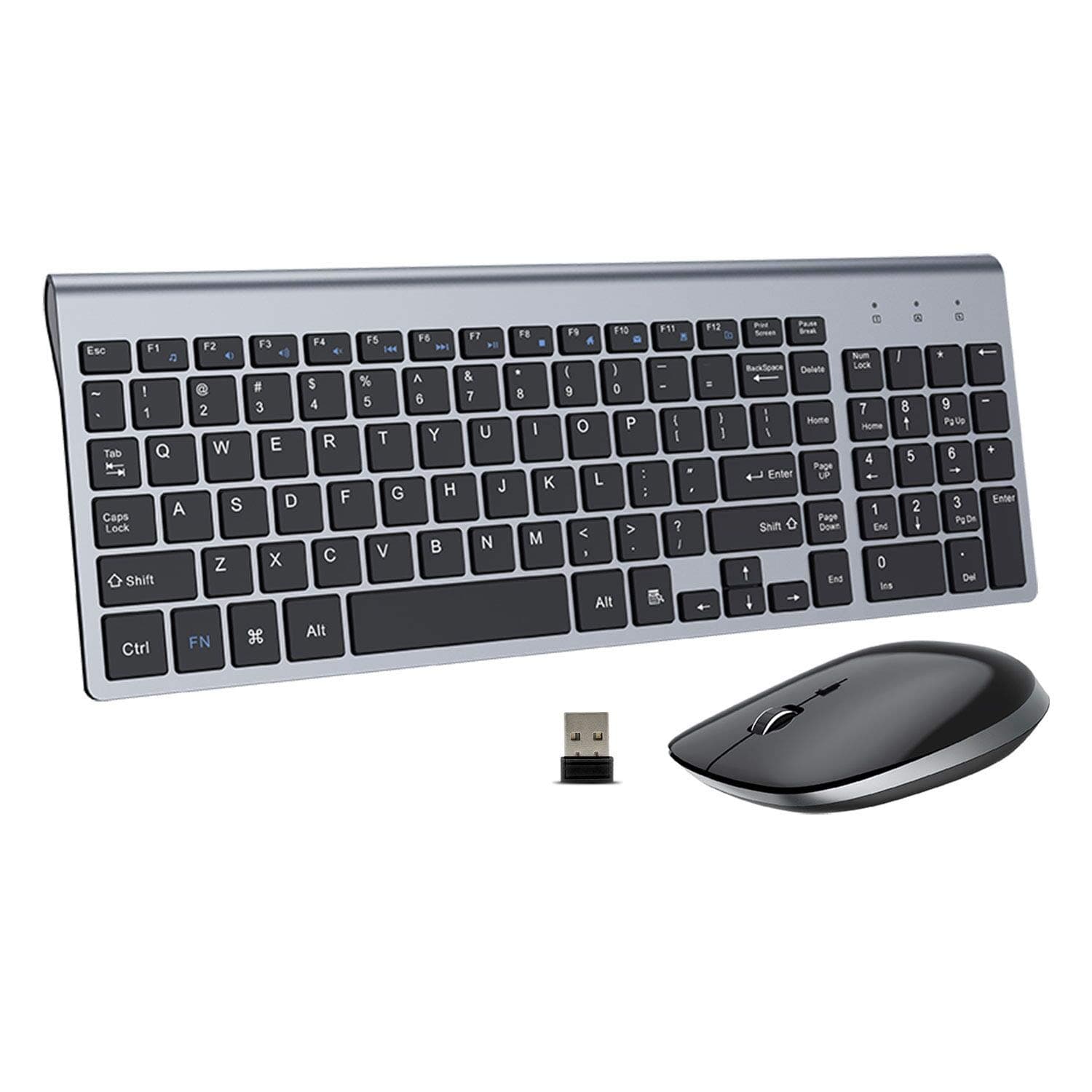 FENIFOX Keyboard and Mouse Wireless, USB 2.4GHz Combo Silent Quiet Low Profile Compact Full Size Flat Slim Thin Portable with Number Pad Soft Cover for PC Laptop Computer Office - Black & Grey