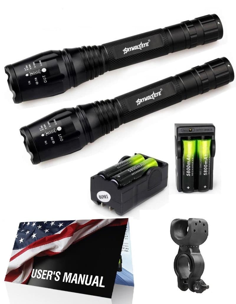 2X Police Tactical 5000 Lumens Led Flashlight 18650 Cree T6 XML Torch + Battery + Charger + 1xBicycle Flashlight Mount + User Manual