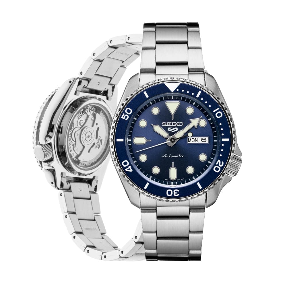 SEIKO Automatic Watch for Men - 5 Sports - Day/Date Calendar, LumiBrite Hands and Markers, and Rotating Bezel, 100m Water-Resistant, Blue - SRPD51, Formal