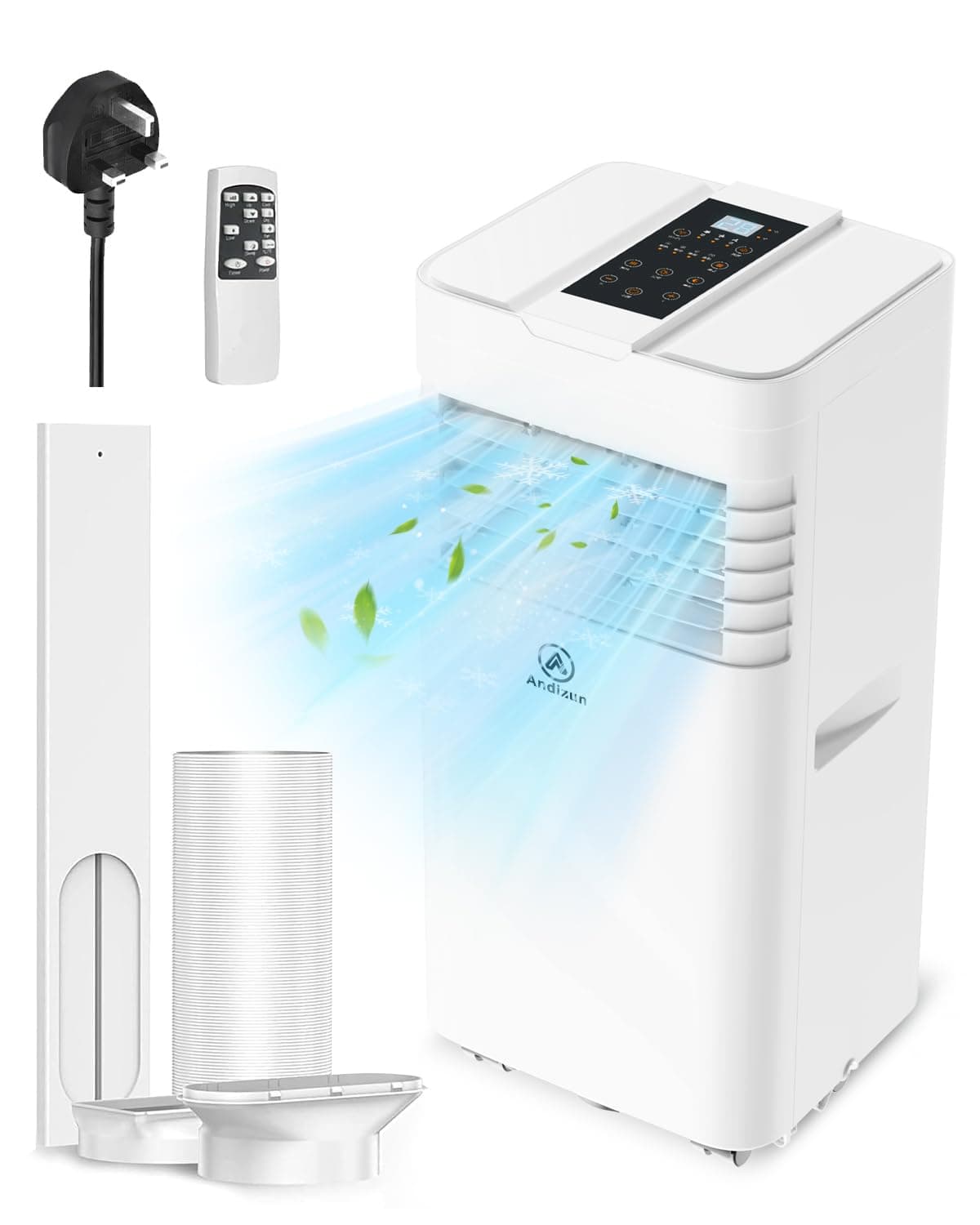 Andizun 9000BTU Air Conditioning Unit, 4-in-1 Portable Air Conditioner, Dehumidifier, Ventilation, Cooling Fan with 3 Speeds, Digital Display & Remote Control, 24 Hour Timer for Room Up to 215sq.ft