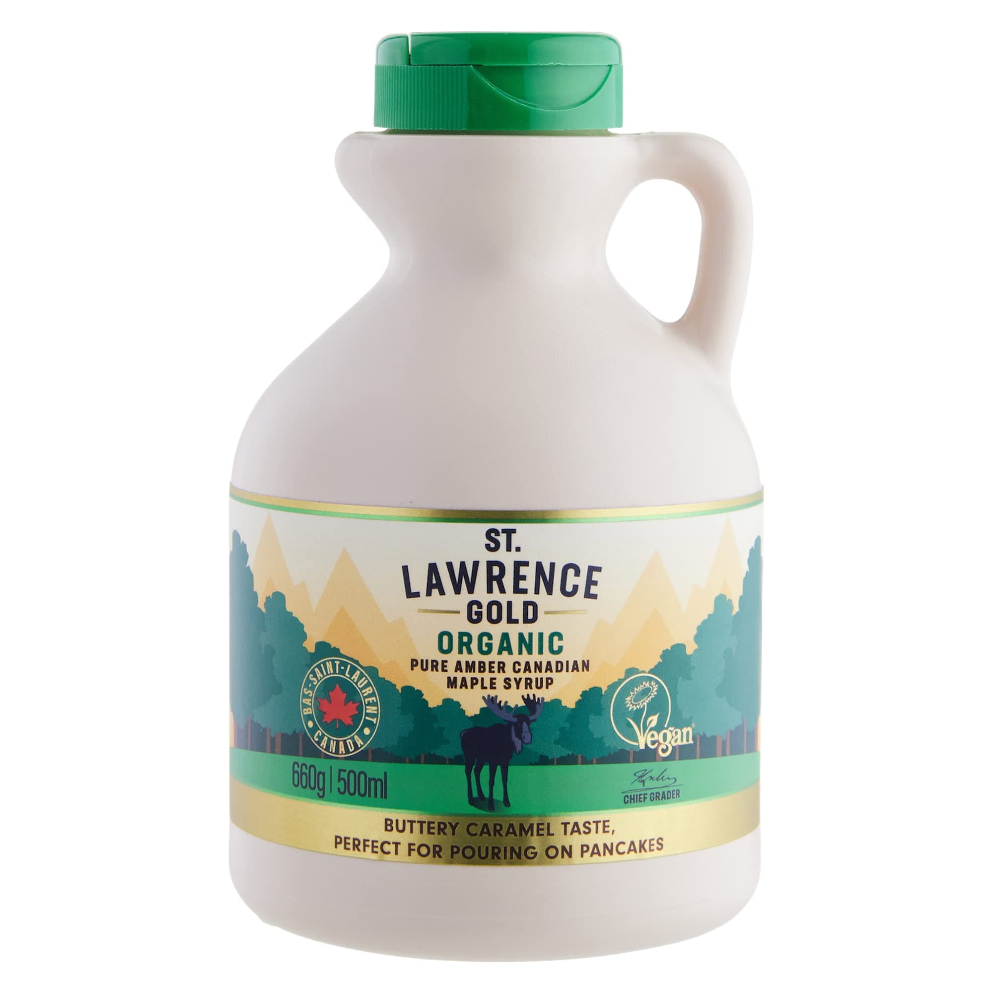 St Lawrence Gold Organic Maple Syrup 500ml - Canadian Amber Maple Syrup 660g - Sugar Syrups Alternative for Cocktails and Coffees - Ideal for Pancakes, Waffles and as a BBQ Glaze - Gluten Free, Vegan