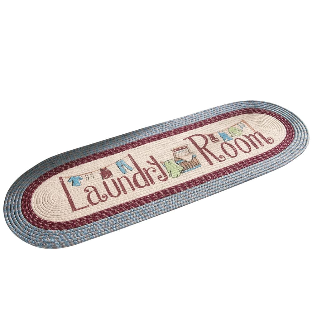 Collections Etc Braided Laundry Room Floor Runner Rug with Blue and Burgundy Border, 20" x 48", Blue