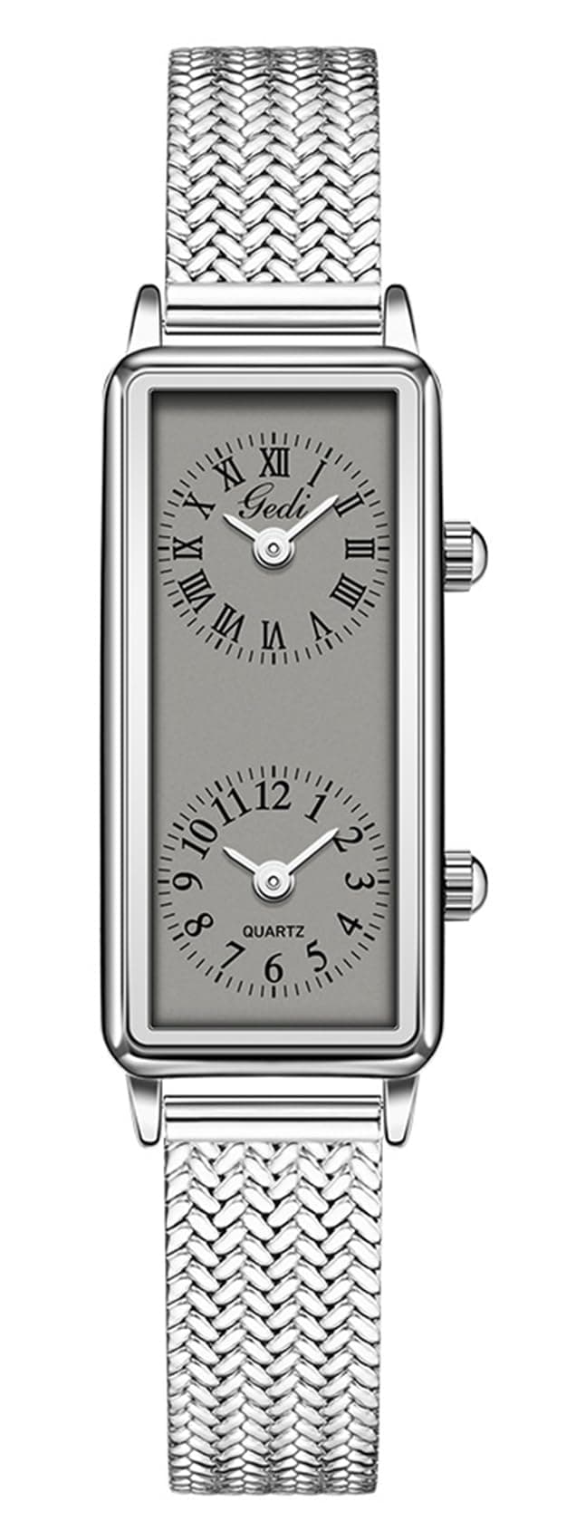 Women’s Vintage Rectangle Watch Dual Time Zone Waterproof Ladies Quartz Analog Watch for Small Wrist with Two Dials, Roman & Arabic Numerals, Leather Strap for Travel & Business