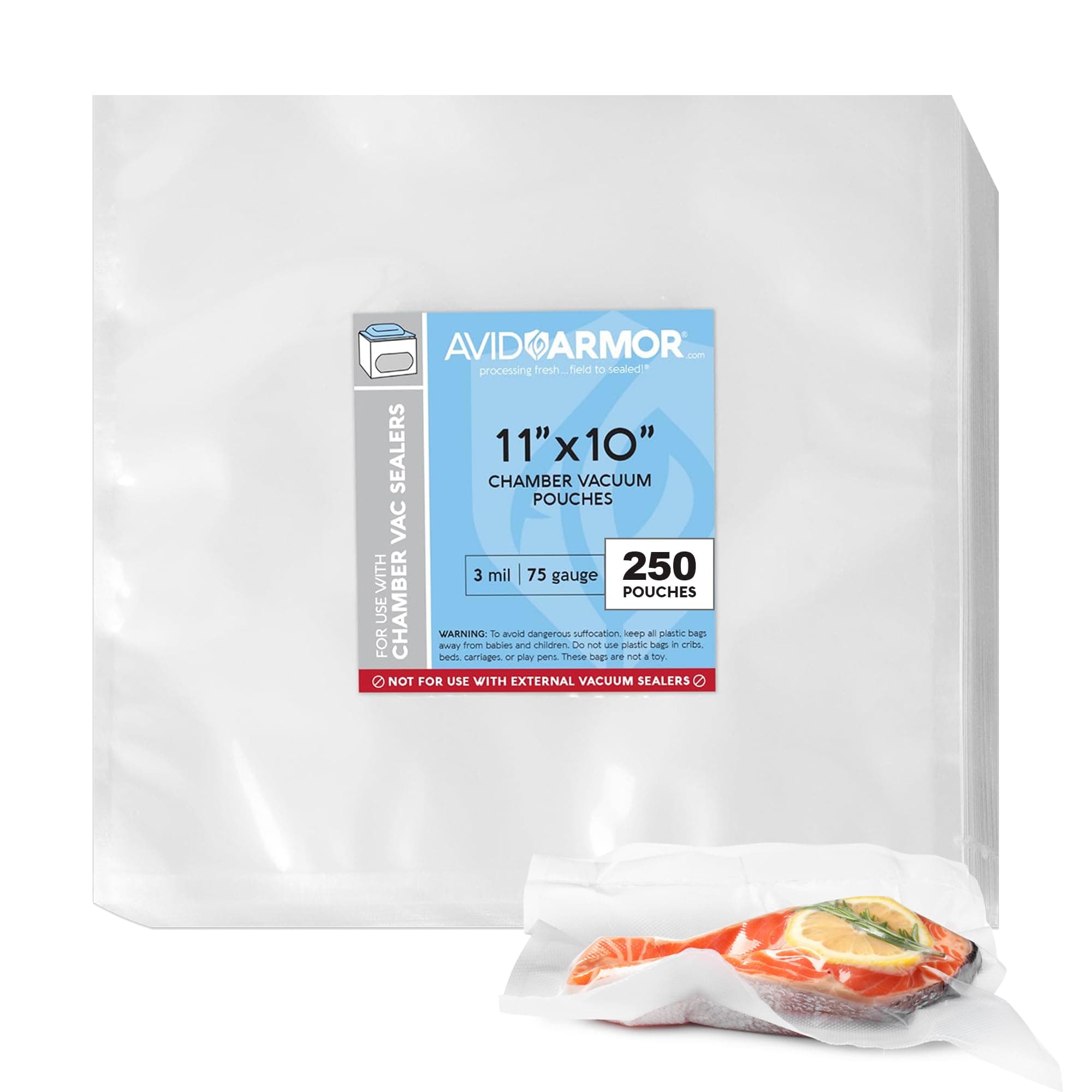 Chamber Machine Vacuum Pouches 11" x 10" Size 3MIL Pre-Cut Heavy Duty Bags 250 Pack BPA Free Sous Vide Safe - NOT COMPATIBLE WITH FOODSAVER TYPE VACUUM SEALERS - Commercial Use Grade Avid Armor