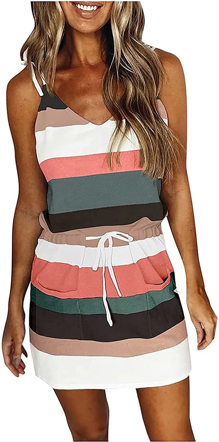 ETCYY NEWWomens Summer Trendy Striped Dresses Sleeveless Halter Strap Mini Dress with Pockets