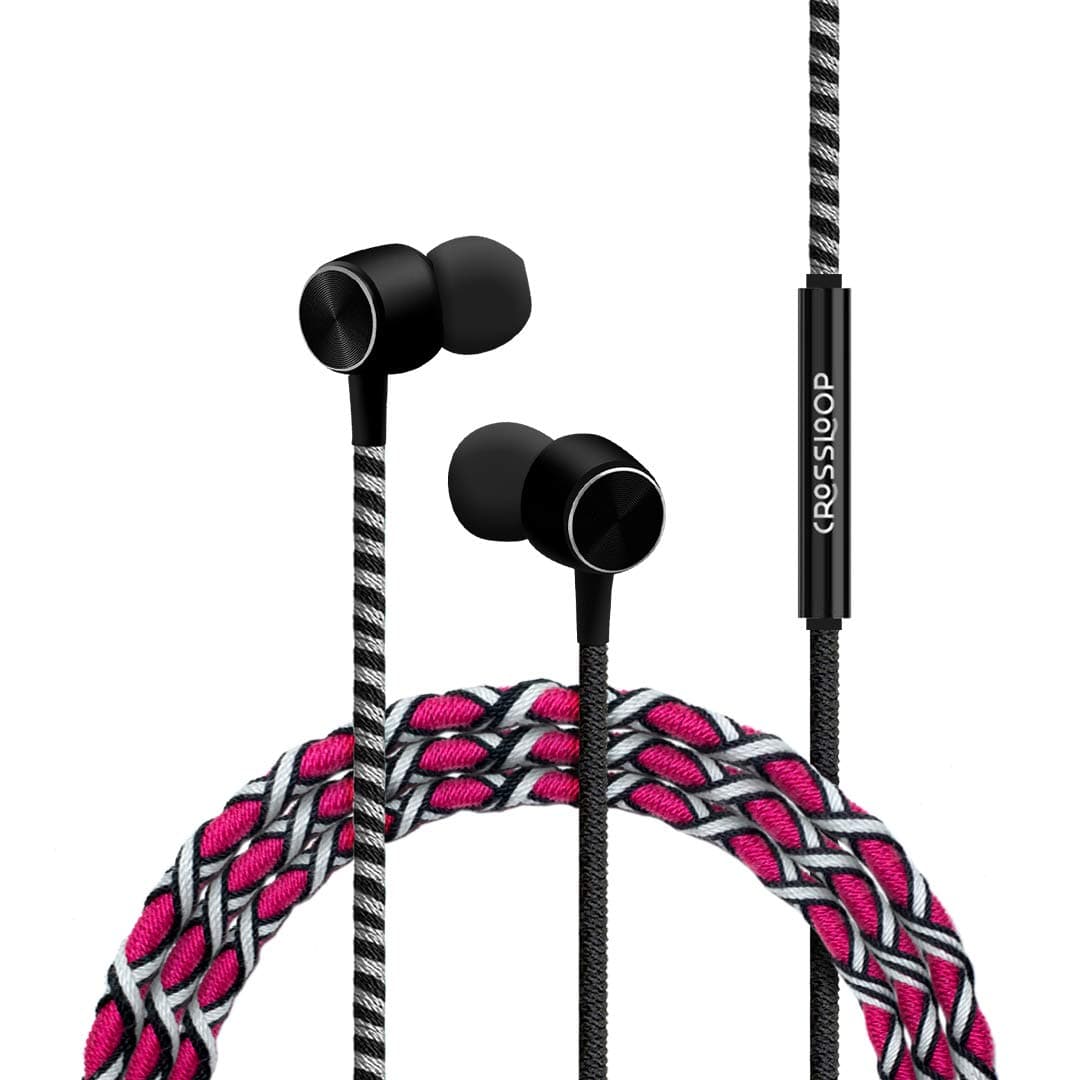 Crossloop Pro Series Braided Tangle Free Designer Wired Earphone with Metallic Driver 3.5mm for Extra Bass, in-line Mic, Pink & White