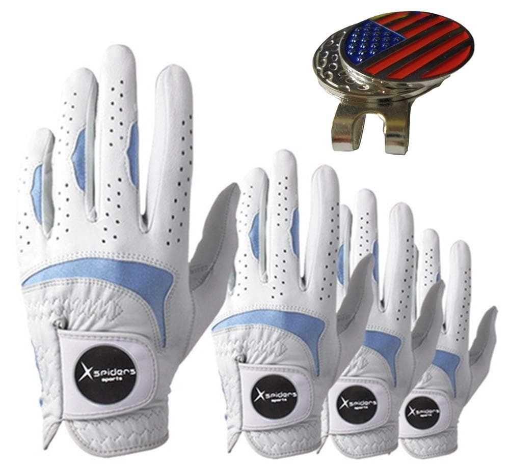 XSpiders All Cabretta Regular Golf Gloves Man Left Hand 4 Packs Bundle with Magnetic Golf Ball Marker (White, ML (XSpiders 25))