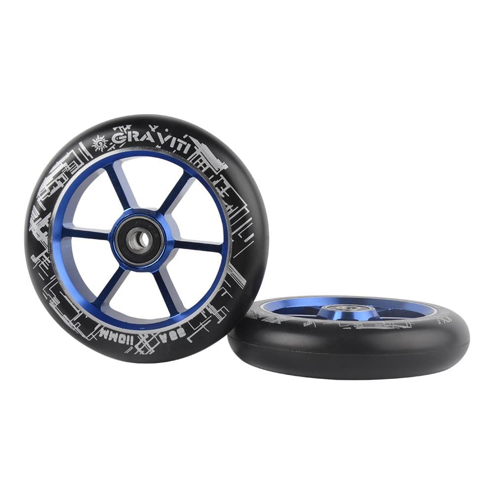 One Pair 110mm Pro Stunt Scooter Wheels ABEC-9 Bearings CNC Metal Core (2pcs) (black pu dark blue core)