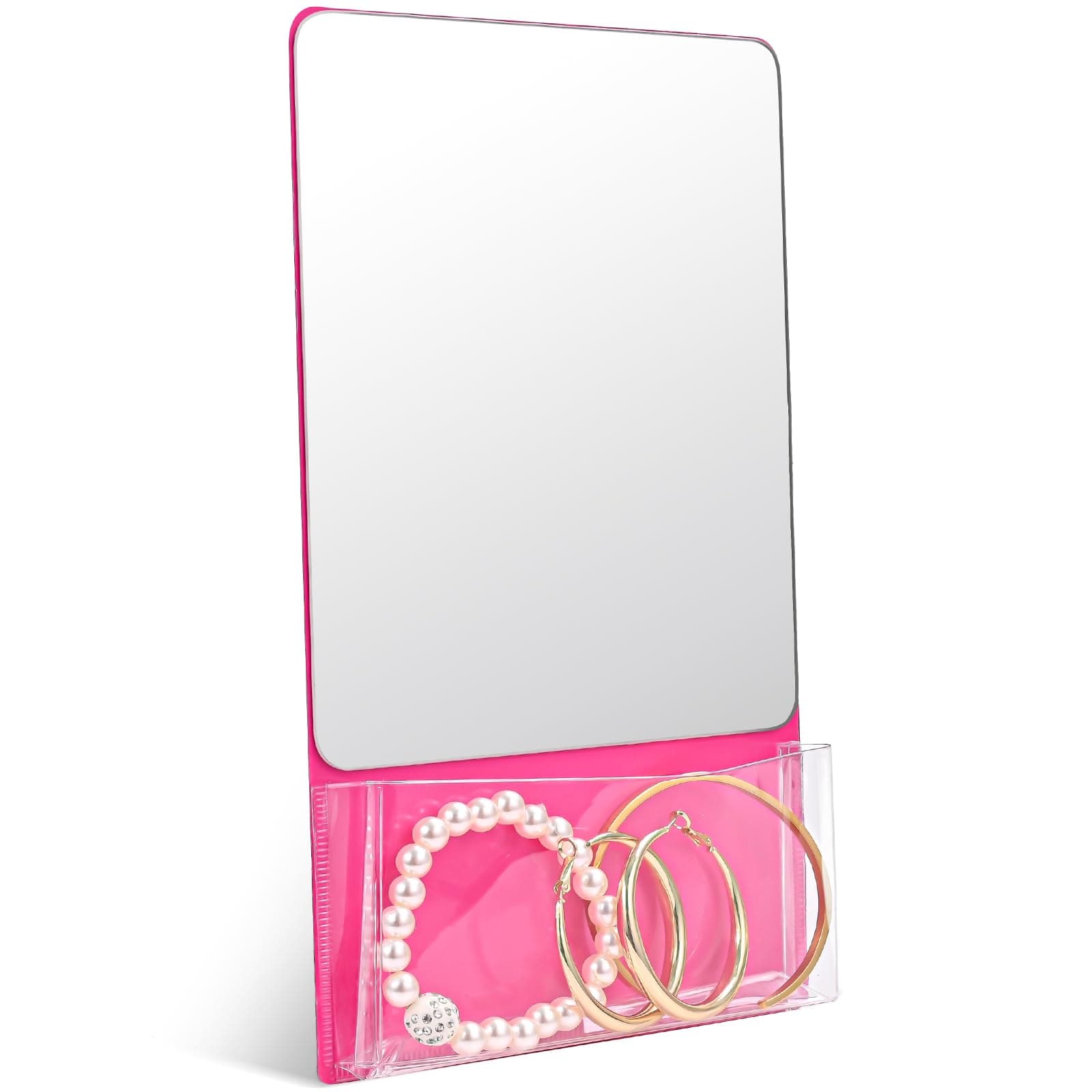 Torolle Magnetic Locker Mirror with Holder, 6.69" x 5.51" Small Real Glass Mirror with Organizer Bag for School Locker Refrigerator Bathroom Office Cabinet -Pink