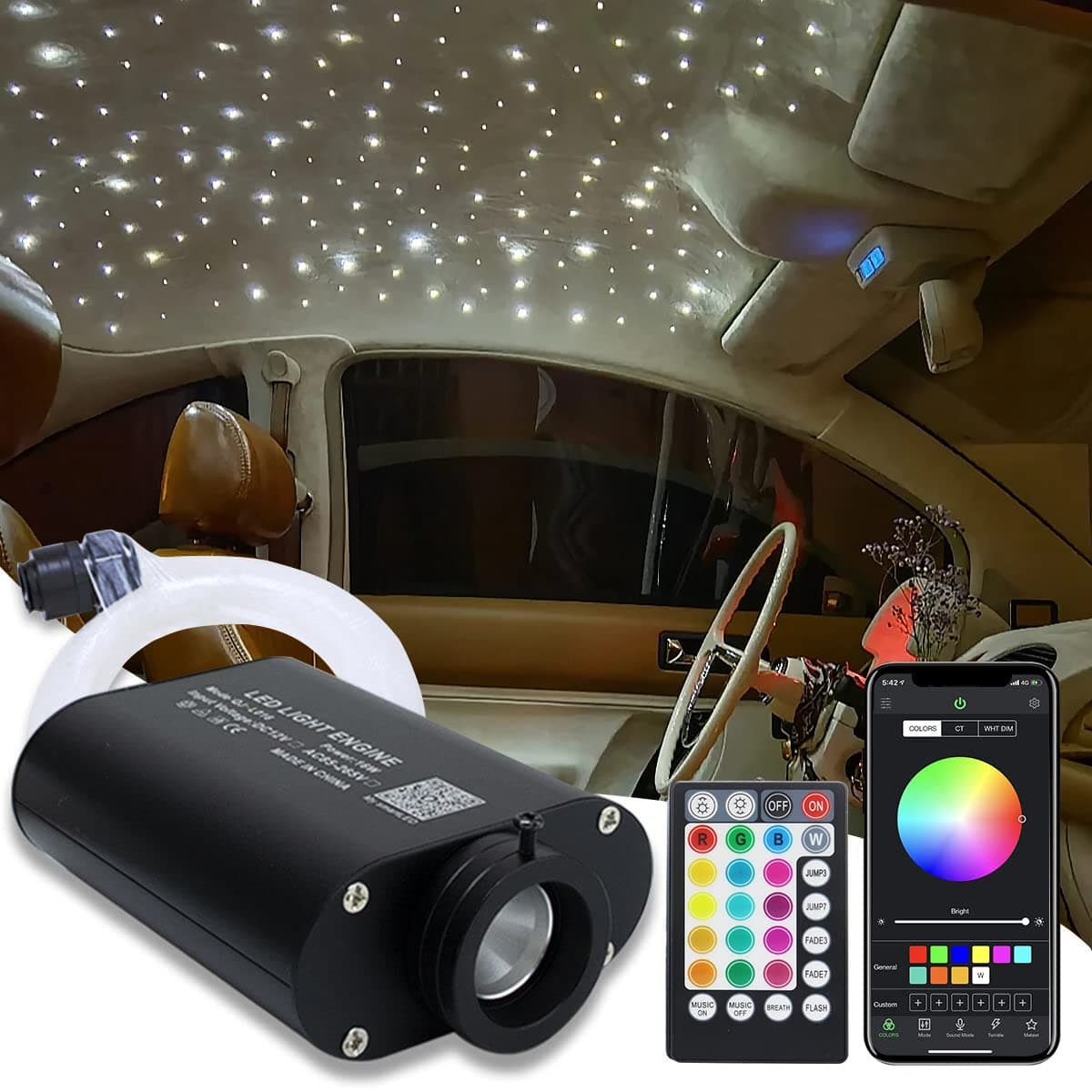 AMKI 16W Fiber Optic Lights,Starlight Headliner Light Kit APP/Remote Control Sound Activated Mode for Car&Home Decoration,Optical Fiber Cable Strands 0.75mm/0.03in 6.5ft/2m 150pcs
