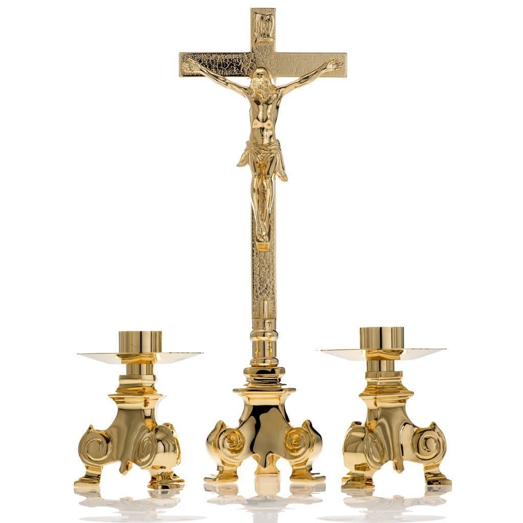 Altar set, crucifix and candle holders