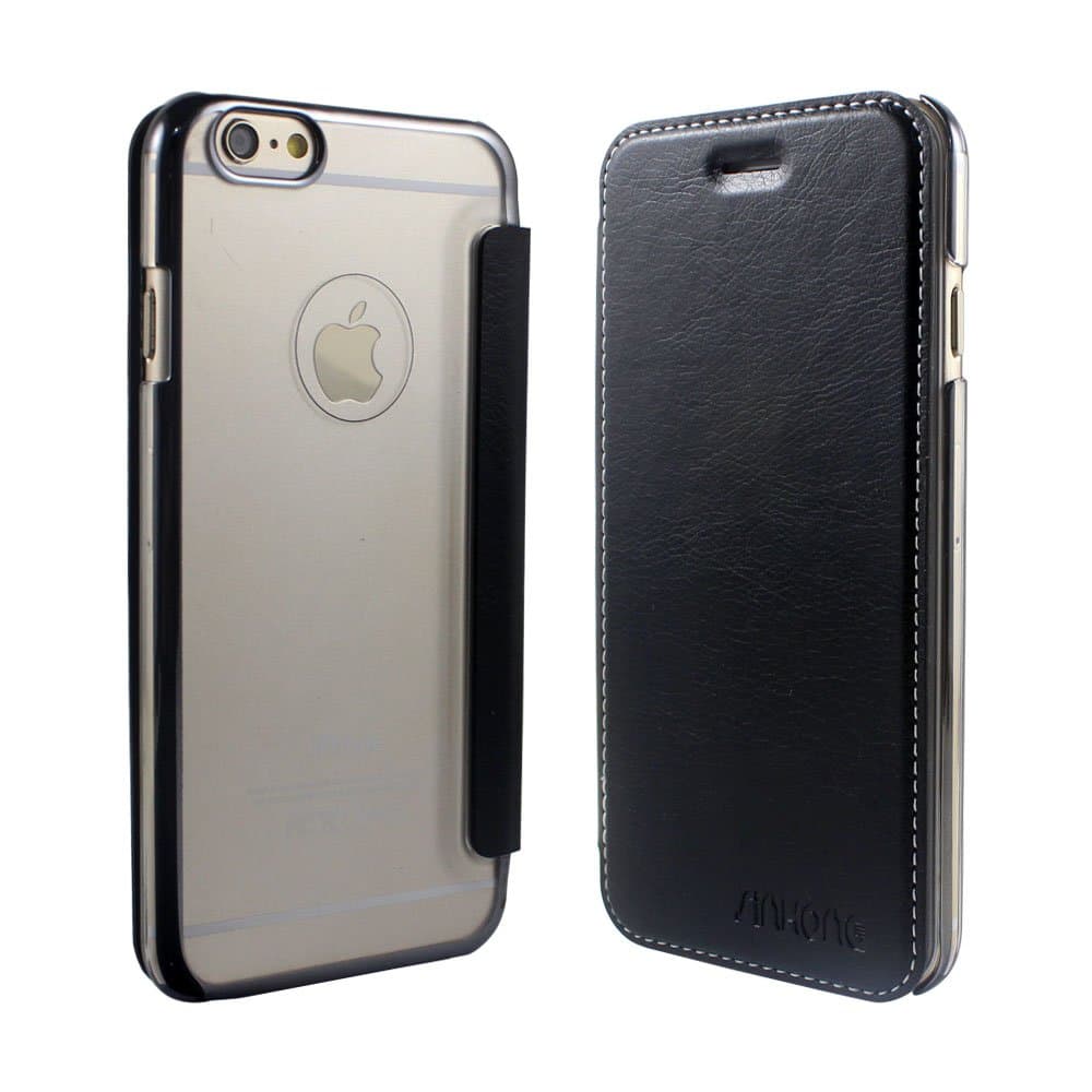 SINHONG iPhone 6 Case - [Clear View Back with Bling Bumper] Leather Wallet Flip Cover Slim Fit with Credit Card Holder Slot for iPhone 6 / 6s 4.7 Inch - Black