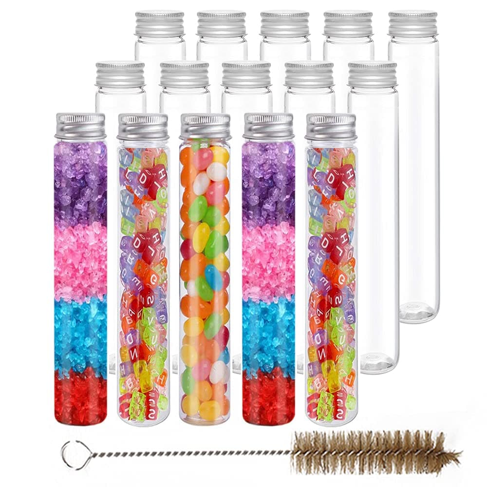 15 Pcs 100 ML Clear Plastic Test Tubes with Screw Caps & A Brush-for Jelly Belly Bean, Peanuts, Beads, Craft Sample Containers Bottles for Celebration, Wedding, Party