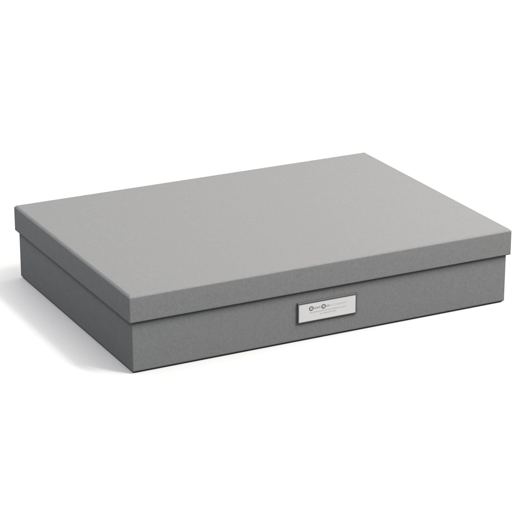 Bigso Sverker Fiberboard Legal and Art Storage Box | Scrapbook Storage Box for Loose Papers and More | Durable Document Boxes with Lid and Metal Label Holder | 17.1’’ x 12.2’’ x 3.3’’ | Grey