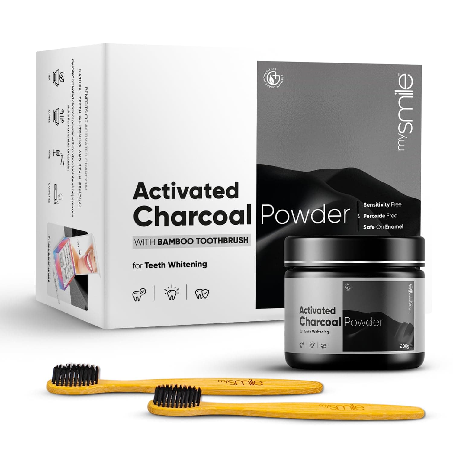 Activated Charcoal Teeth Whitening Powder 200g | 2 Sustainable Bamboo Toothbrushes | 1 Year Supply | Plaque Remover for Teeth | Stain Remover for Teeth | Enamel-Safe | No Peroxide Teeth Stain Remover