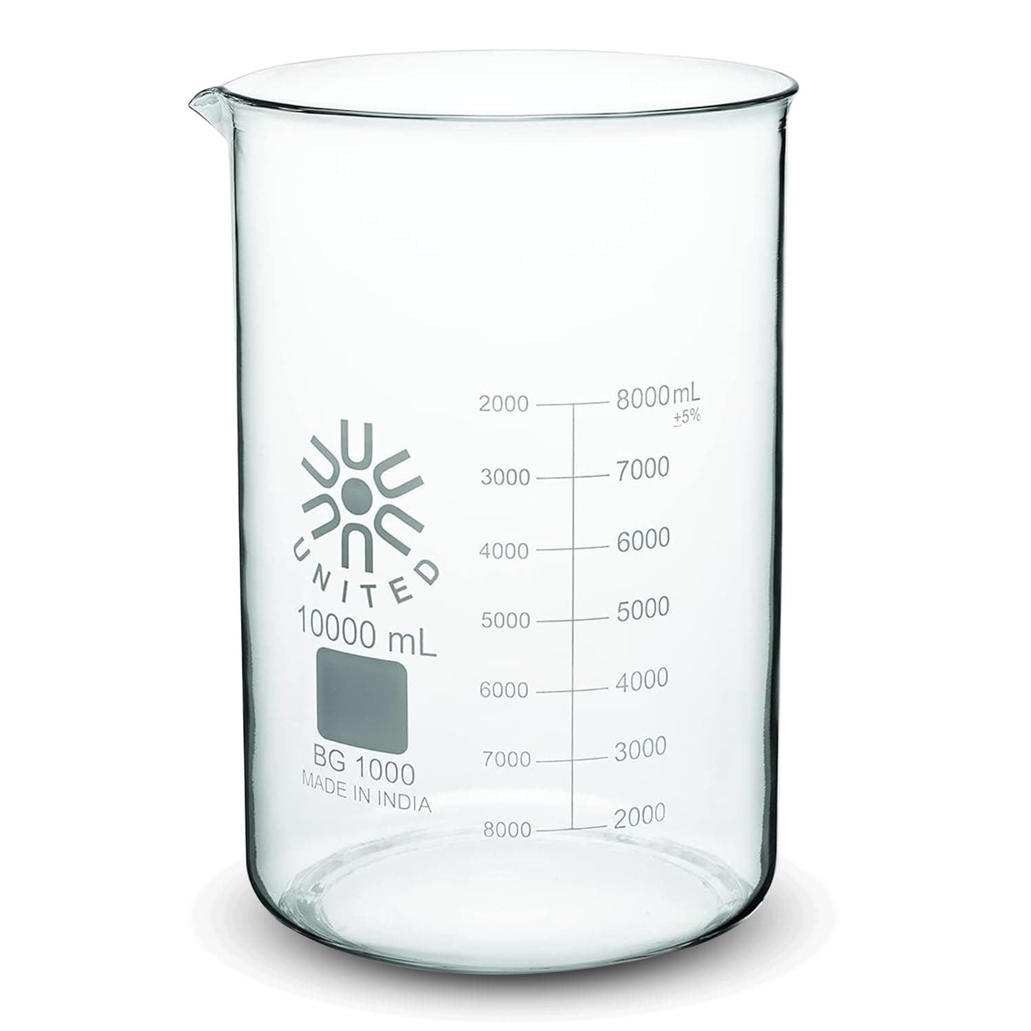 United Scientific™(10000mL) 10 Liter Glass Beaker - Low Form Griffin, 3.3 Borosilicate Glass Beaker, Double Scale Graduated Chemistry Glassware, Pour Spout, Autoclavable Laboratory Glassware, 1 Each