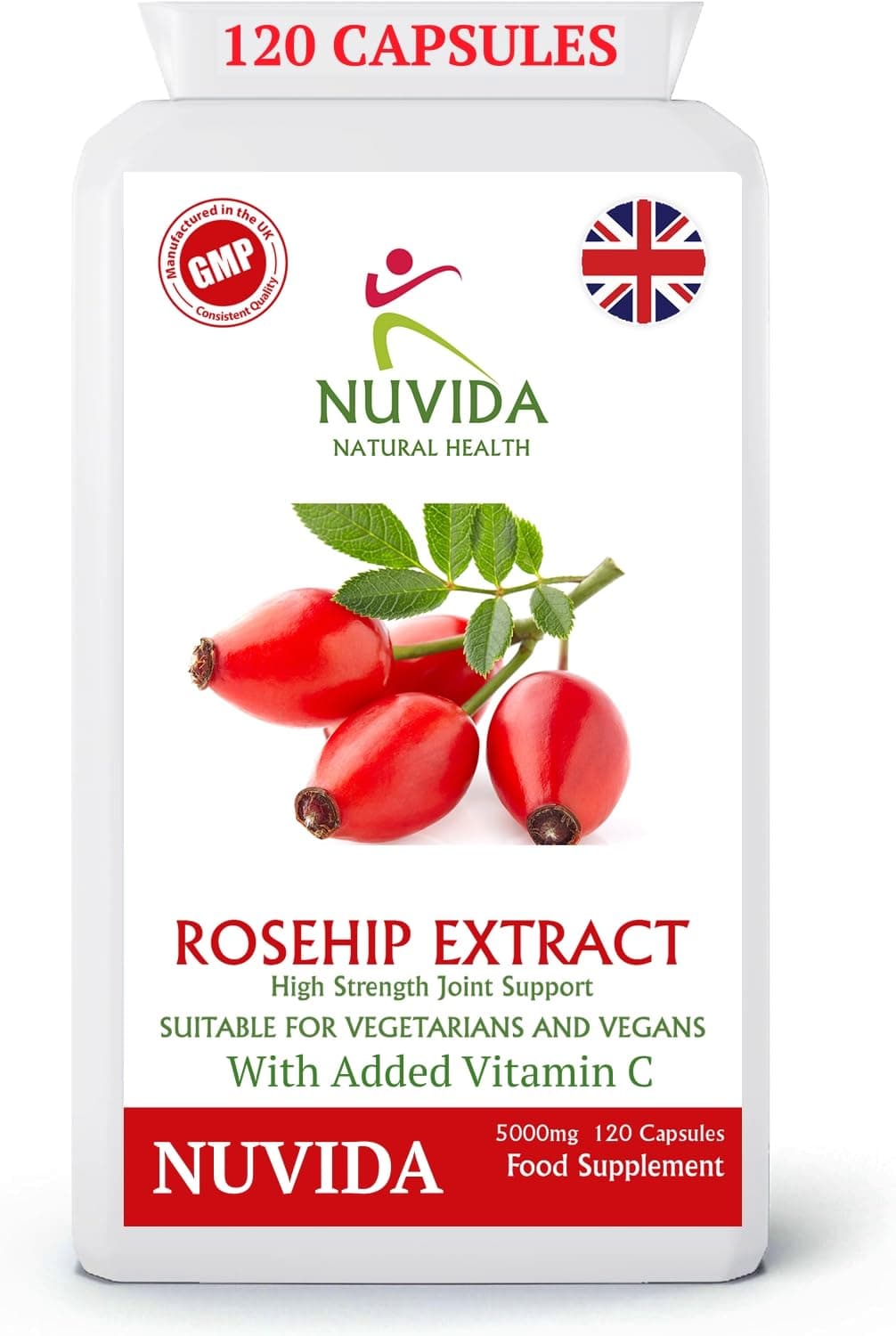 Rosehip Capsules - High Strength Rosehip Supplement with Vitamin C to Support Joint Health, Bones, Cartilage and Collagen Formation - 120 Vegan Rosehip Capsules. Up to 4 Months Supply.