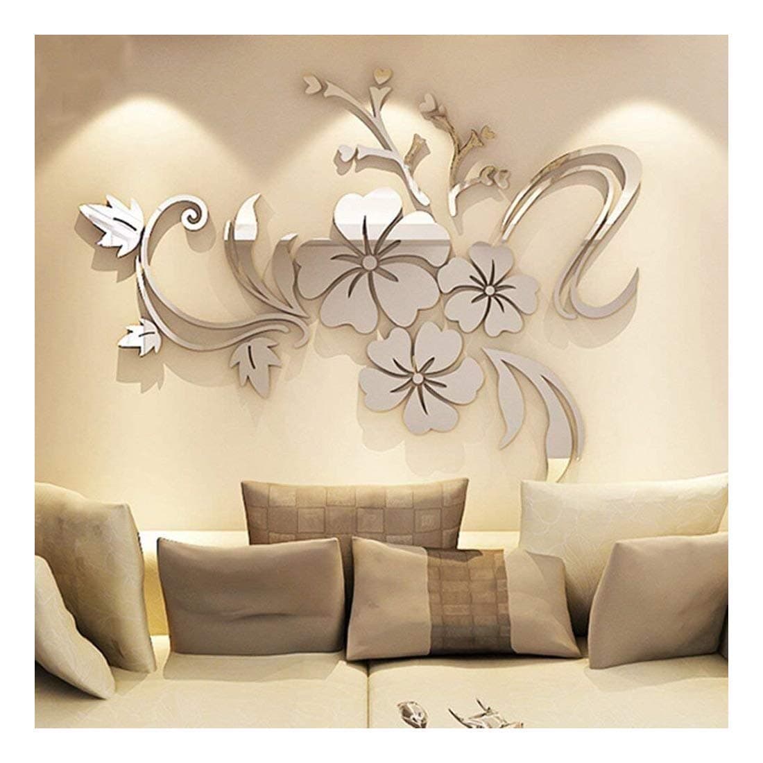 YINGYUAN 1 Piece Set Acrylic Art 3D Mirror Flower Wall Sticker DIY Home Wall Decal Decoration Sofa TV Wall Removable Wall Sticker 120X90cm (Silver) … (Silver)