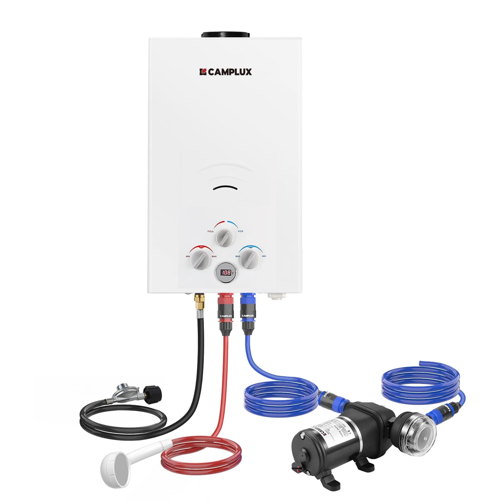 CAMPLUX Portable Propane Water Heater - 2.64GPM, 3.3GPM Pump & Pipe Strainer, 68,000 BTU for Camping & Off-Grid Cabins