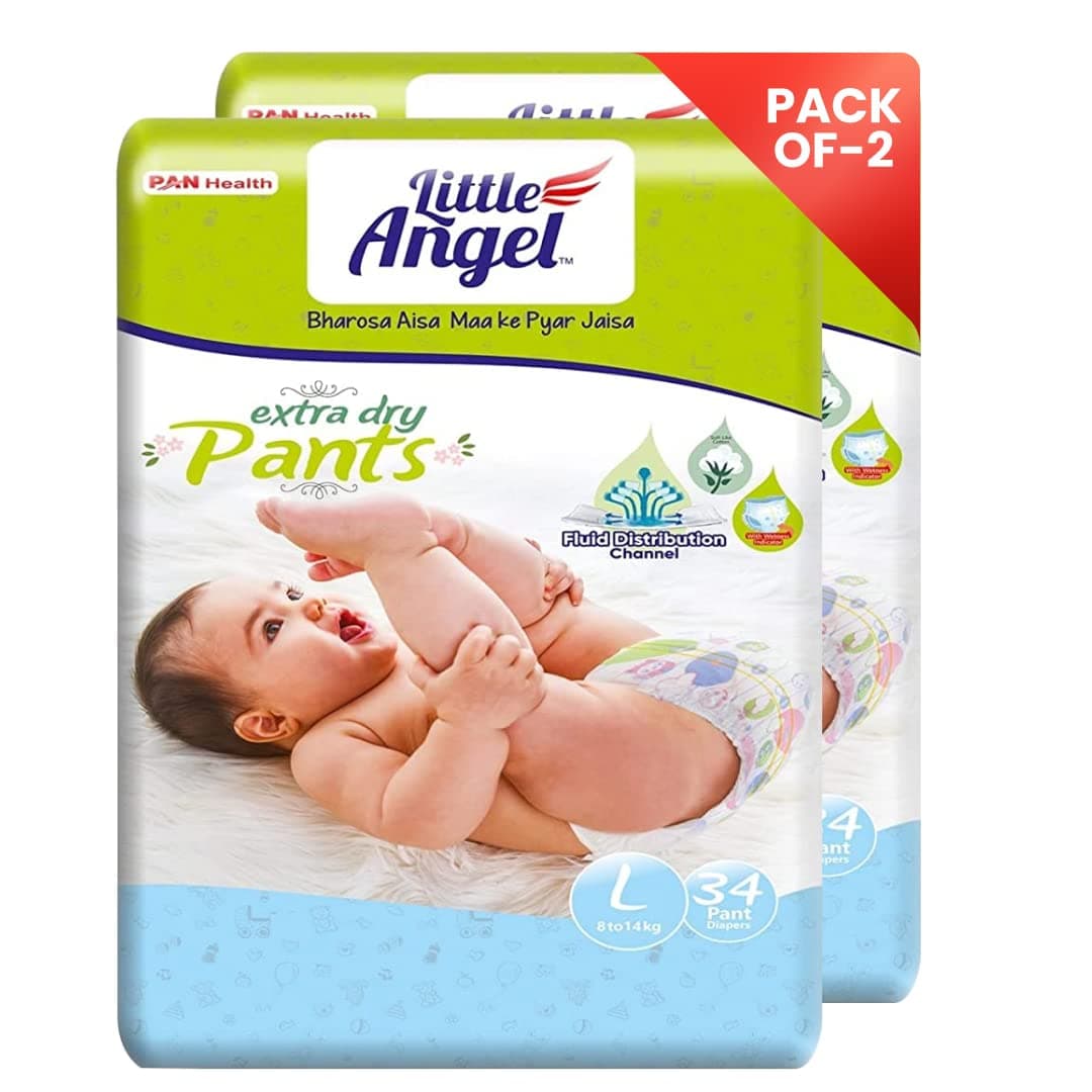 Extra Dry Baby Pants Diaper, Large (L) Size, 68 Count, Super Absorbent Core Up to 12 Hrs Protection & Wetness Indicator, 8-14kg (34 count/pack, Pack of 2)
