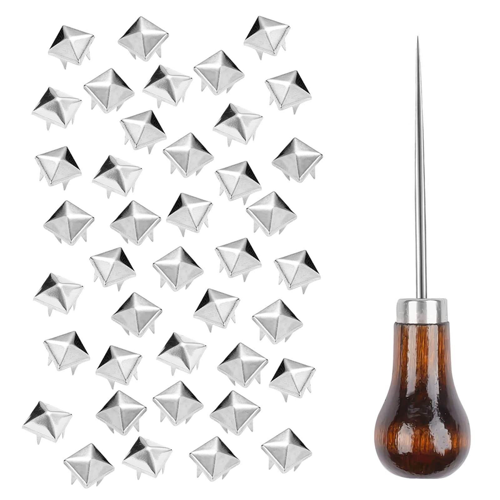 500 Pieces 10 mm Square Pyramid Studs for Clothing Bag Leather Shoes Punk Rock Jewelry Craft, 4 Prong Metal Nailhead Studs Spikes Accessories with Awl (Silver)