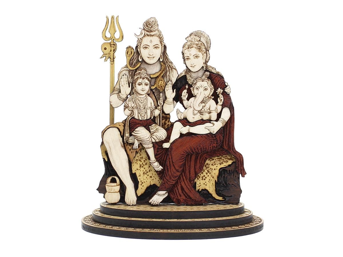 4 Inch Shiv Parivar Wood Carved Statue in Exotic Hard Woods - Multi Layered Hand Made Wooden Lord Shiva Family Idol for Car Dashboard, Home, Office, and Travel