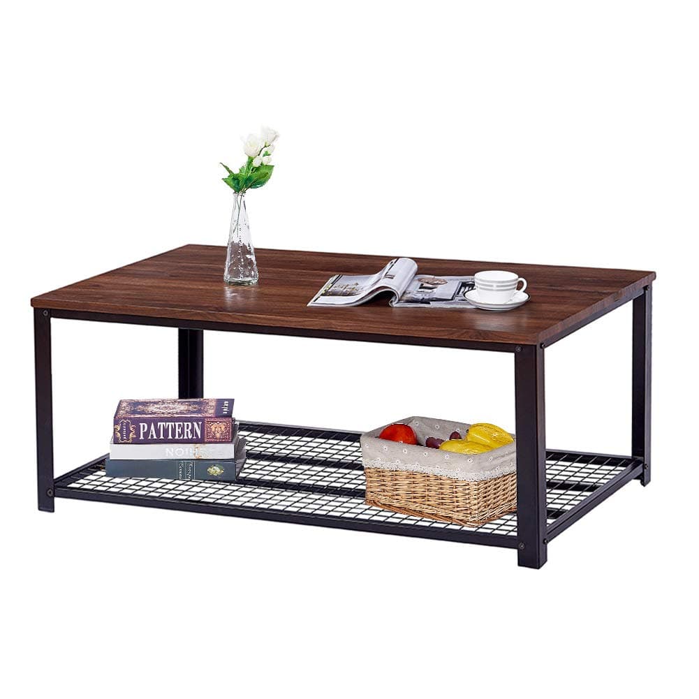 Trustiwood Vintage Industrial Coffee Table, Cocktail Table with Storage Shelf for Living Room, Stable Metal Frame Furniture, Easy Assembly, Dark Walnut