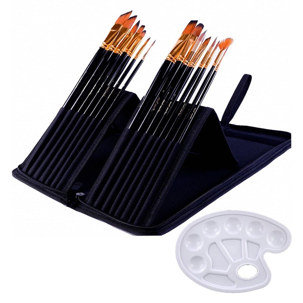 SANNA 15 Pcs Detail Paint Brush Set Perfect for Acrylic Oil Watercolor Gouache and Face Painting with Travel Holder Carry Case for Student or Artists