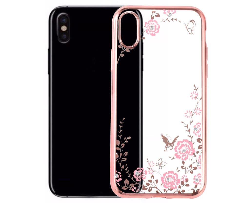 EMIRROW iPhone X (5.8") Case,Soft TPU Silicone Case Transparent Back Cover -- Electroplating frame / Flower Painting/ Rhinestone Glitter Bumper [Rose Gold]