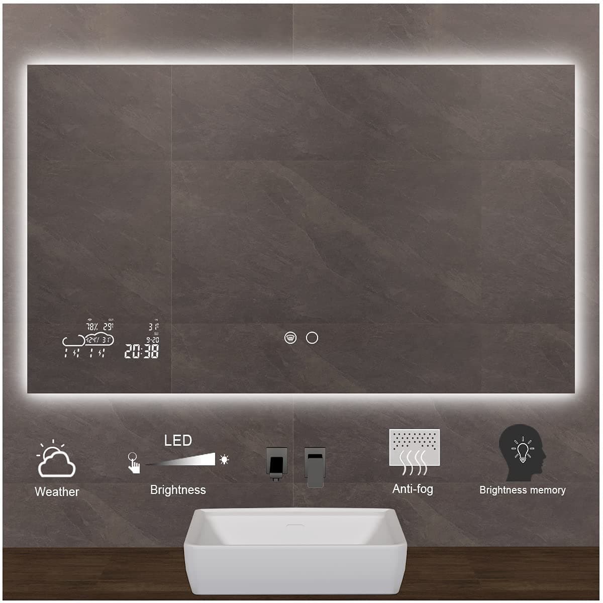 Keonjinn LED Smart Mirror Bathroom 40x24 Inch Anti-Fog,Weather,Time,Dimmable,Vanity Mirror with Lights,Lighted Mirror Wall Mounted