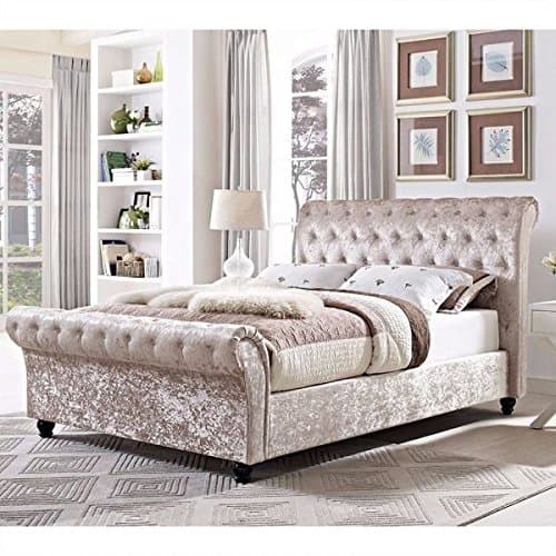 CHESTERFIELD CASTELLO Classy Modern Bed Frame Sleigh Style Fully Upholstered Designer bed in Crushed Velvet (4FT 6'' Double, Crushed Velvet-CREAM)