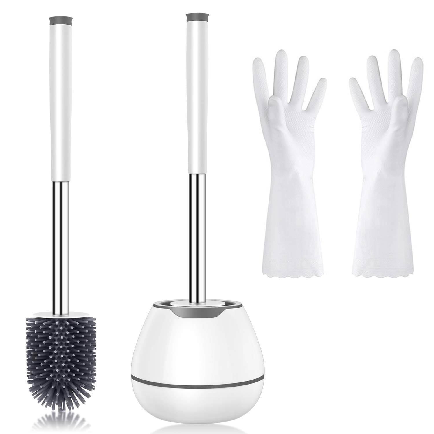 WC Toilet Brushes and Holders Set, White Toilet Brush Holder With Cleaning Gloves and Tweezers, Space Saving & Sturdy Bathroom Toilet Bowl Brush kit